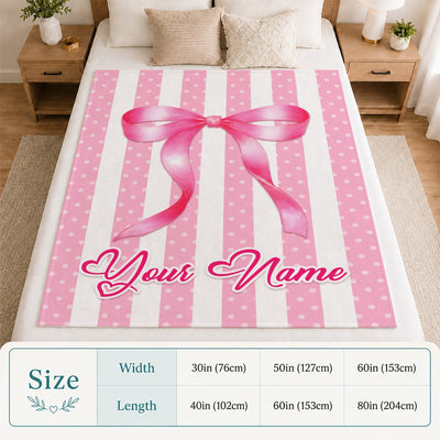Personalized Striped Coquette Pink Bow Blanket For Girls Custom Name Baby Shower Teenn Kids Room Decor Birthday Gifts For Daughter Niece Fleece Throw Blanket | teecentury