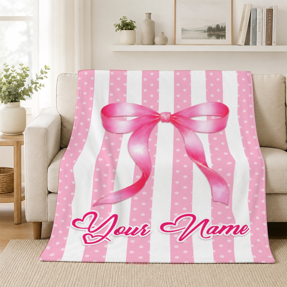 Personalized Striped Coquette Pink Bow Blanket For Girls Custom Name Baby Shower Teenn Kids Room Decor Birthday Gifts For Daughter Niece Fleece Throw Blanket | teecentury