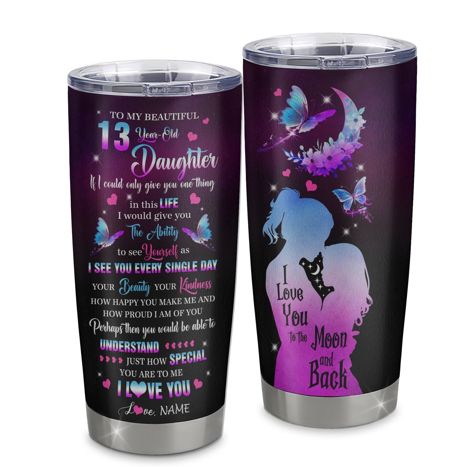 Personalized Sweet 13 Gifts For Girls Daughter Tumbler Stainless Steel Cup From Mom Butterfly Sweet Thirteen 13 Year Old Birthday Decorations Travel Mug | teecentury