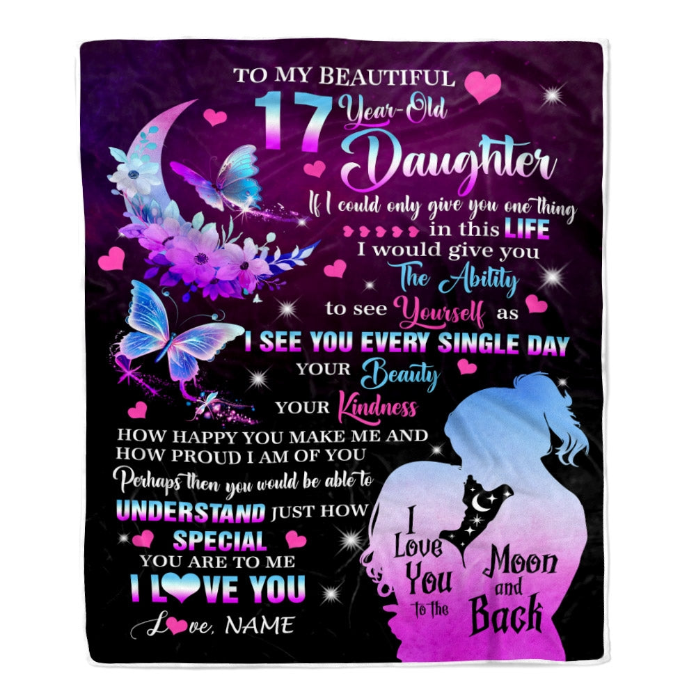 Personalized Sweet 17 Gifts For Girls Daughter Blanket From Mom Butterfly Sweet Seventeen 17 Seventeen Old Birthday Decorations Customized Fleece Blanket | teecentury