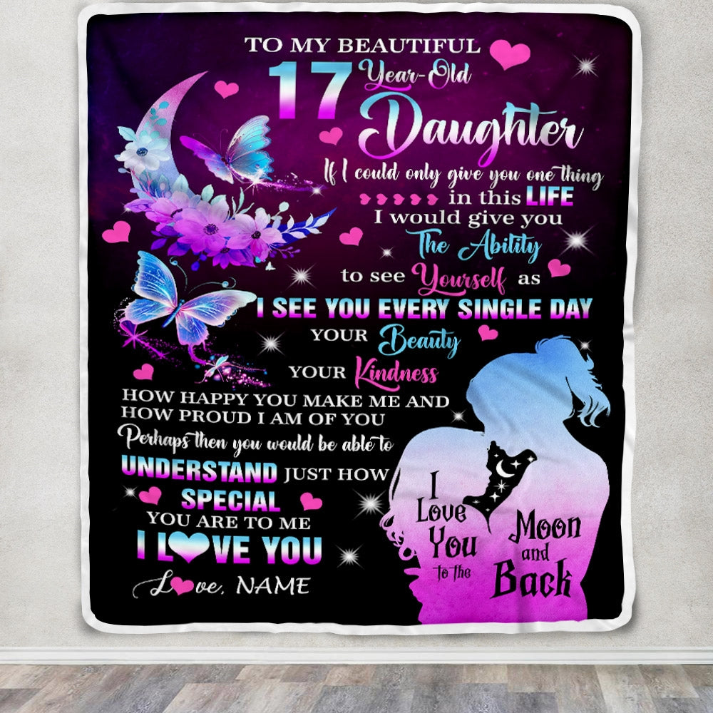 Personalized Sweet 17 Gifts For Girls Daughter Blanket From Mom Butterfly Sweet Seventeen 17 Seventeen Old Birthday Decorations Customized Fleece Blanket | teecentury
