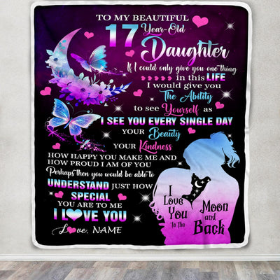 Personalized Sweet 17 Gifts For Girls Daughter Blanket From Mom Butterfly Sweet Seventeen 17 Seventeen Old Birthday Decorations Customized Fleece Blanket | teecentury