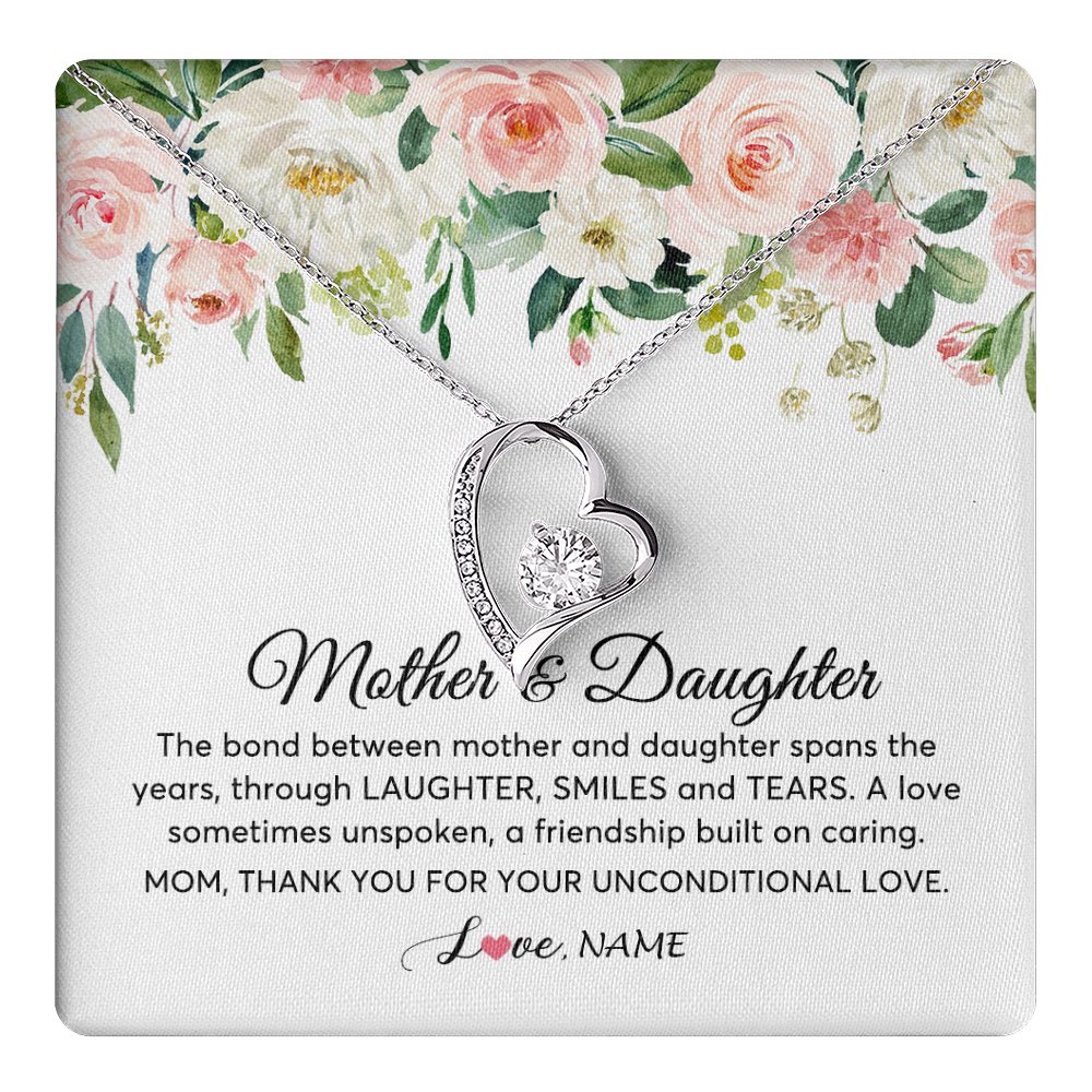 Forever Love Necklace 14K White Gold Finish | 1 | Personalized The Bond Between Mother And Daughter Necklace Thank You Love Mom Jewelry Birthday Mothers Day Christmas Customized Gift Box Message Card | teecentury