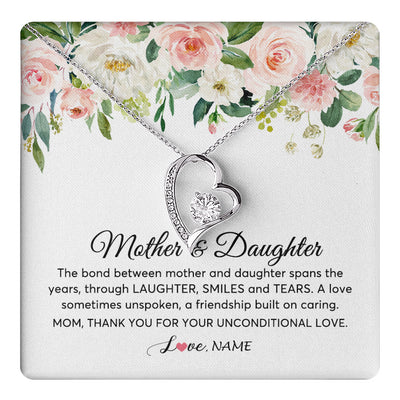 Forever Love Necklace 14K White Gold Finish | 1 | Personalized The Bond Between Mother And Daughter Necklace Thank You Love Mom Jewelry Birthday Mothers Day Christmas Customized Gift Box Message Card | teecentury