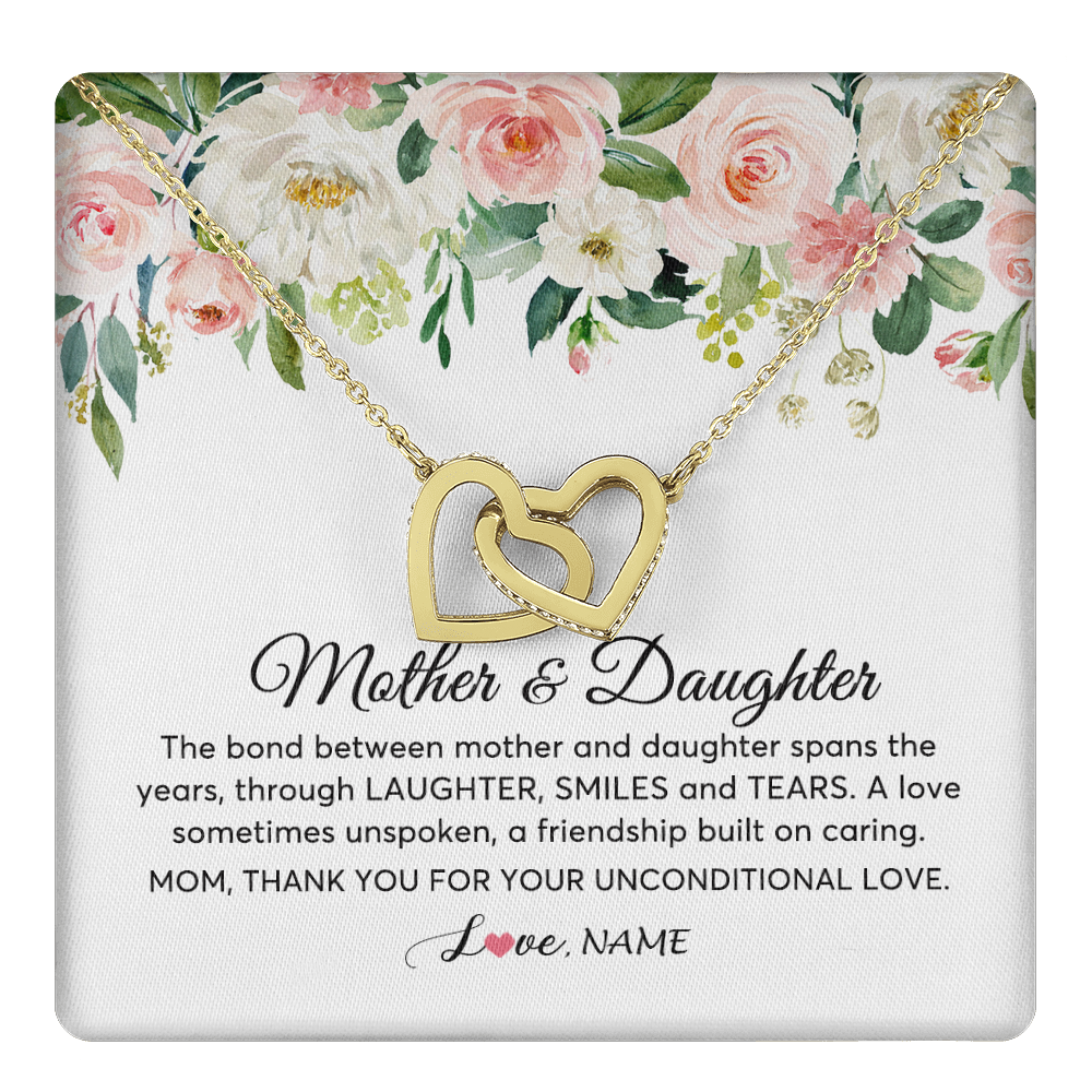 Interlocking Hearts Necklace 18K Yellow Gold Finish | 1 | Personalized The Bond Between Mother And Daughter Necklace Thank You Love Mom Jewelry Birthday Mothers Day Christmas Customized Gift Box Message Card | teecentury