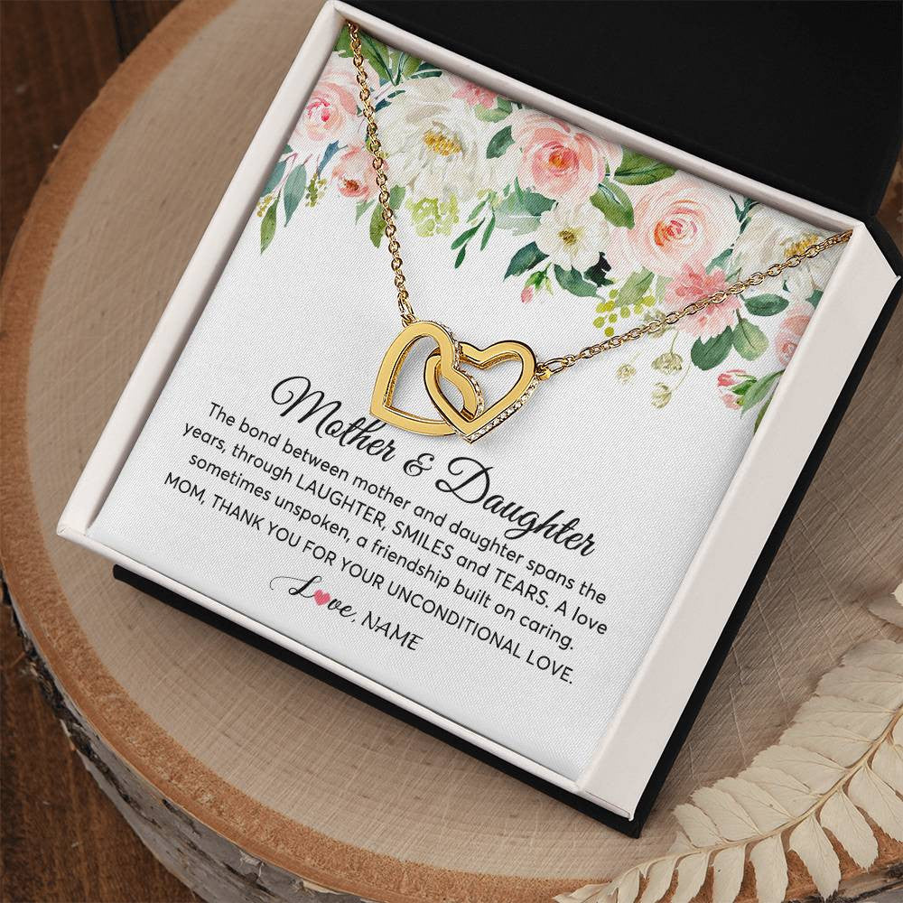 Interlocking Hearts Necklace 18K Yellow Gold Finish | Personalized The Bond Between Mother And Daughter Necklace Thank You Love Mom Jewelry Birthday Mothers Day Christmas Customized Gift Box Message Card | teecentury