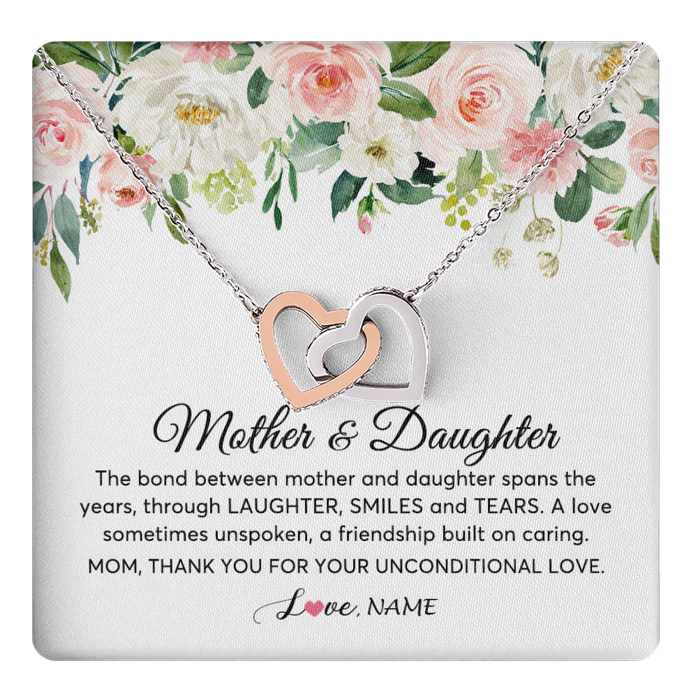 Interlocking Hearts Necklace Stainless Steel & Rose Gold Finish | 1 | Personalized The Bond Between Mother And Daughter Necklace Thank You Love Mom Jewelry Birthday Mothers Day Christmas Customized Gift Box Message Card | teecentury