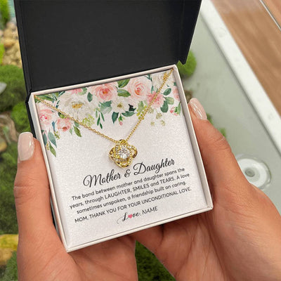 Love Knot Necklace 18K Yellow Gold Finish | Personalized The Bond Between Mother And Daughter Necklace Thank You Love Mom Jewelry Birthday Mothers Day Christmas Customized Gift Box Message Card | teecentury