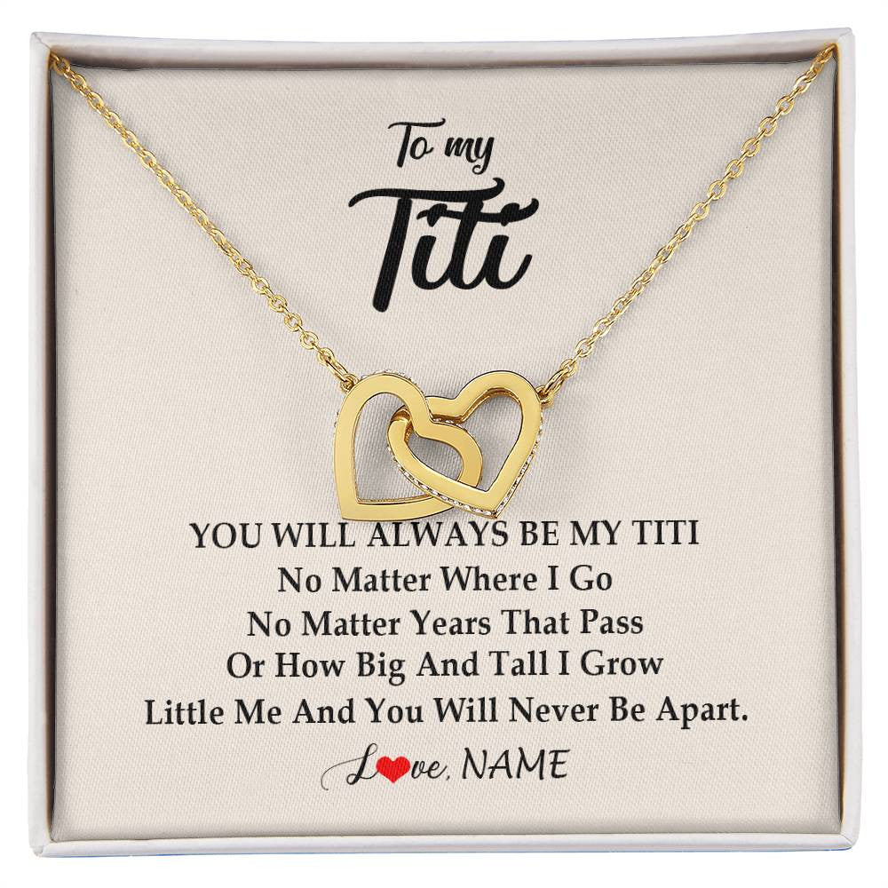 Interlocking Hearts Necklace 18K Yellow Gold Finish | Personalized Titi Necklace From Niece Nephew You Will Always Be My Titi Birthday Mothers Day Christmas Customized Gift Box Message Card | teecentury