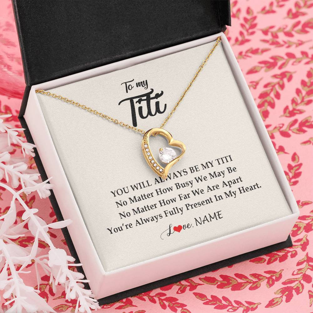 Forever Love Necklace 18K Yellow Gold Finish | Personalized Titi Necklace From Niece Nephew You're Always In My Heart Titi Birthday Mothers Day Christmas Jewelry Pendant Customized Gift Box Message Card | teecentury