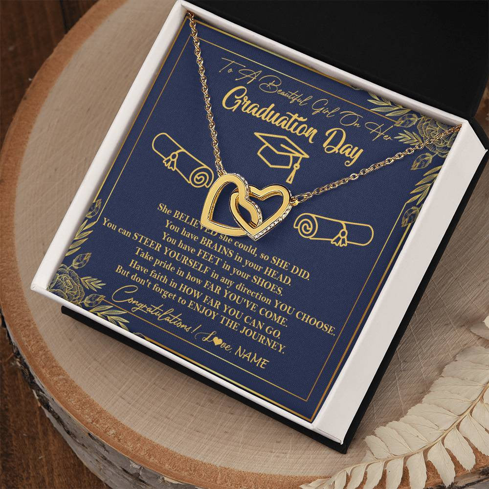 Interlocking Hearts Necklace 18K Yellow Gold Finish | Personalized To A Beautiful Girl On Her Graduation Day Necklace Class of 2023 For Daughter Granddaughter Sister Jewelry Customized Gift Box Message Card | teecentury