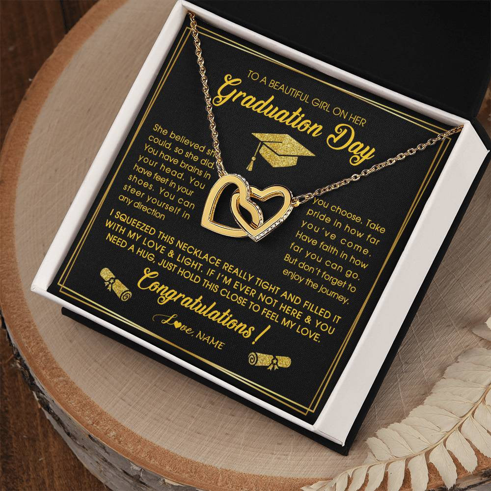 Interlocking Hearts Necklace 18K Yellow Gold Finish | Personalized To A Beautiful Girl On Her Graduation Day Necklace For Daughter Granddaughter Sister Bonus Daughter Jewelry Customized Gift Box Message Card | teecentury