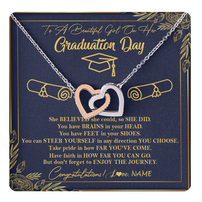 Interlocking Hearts Necklace Stainless Steel & Rose Gold Finish | 1 | Personalized To A Beautiful Women On Her Graduation Day Necklace Class of 2024 For Daughter Granddaughter Sister Jewelry Customized Gift Box Message Card | teecentury