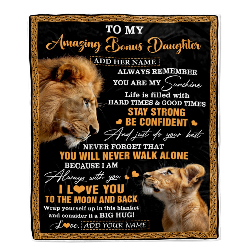 Personalized To My Amazing Bonus Daughter Blanket From Bonus Dad Stepdad Lion It A Big Hug Stepdaughter Birthday Gifts Christmas Customized Fleece Blanket | teecentury