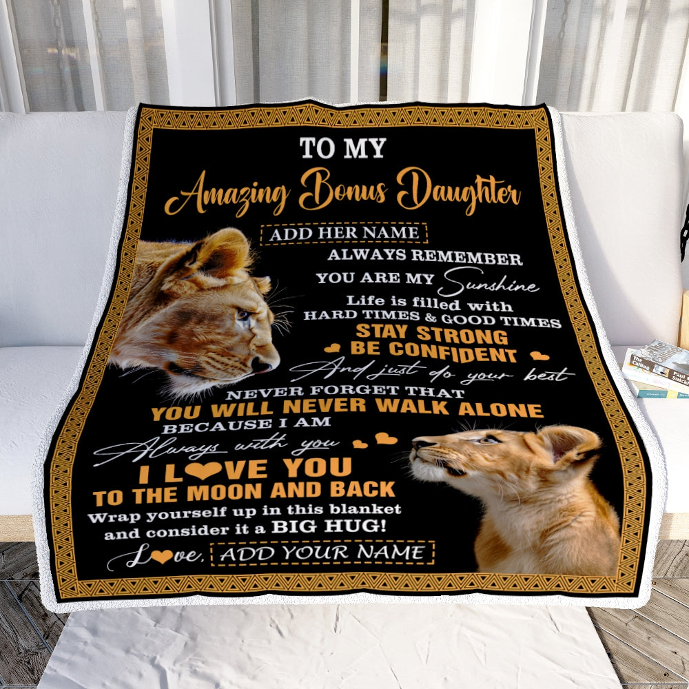 Personalized To My Amazing Bonus Daughter Blanket From Bonus Mom Stepmom Lion It A Big Hug Stepdaughter Birthday Gifts Christmas Customized Fleece Blanket | teecentury