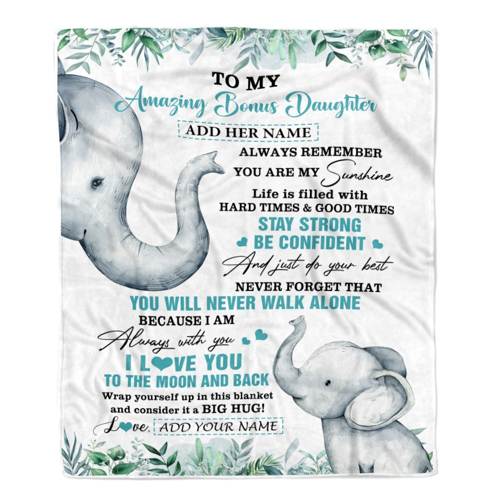 Personalized To My Amazing Bonus Daughter Blanket From Stepmom Stepdad Elephant It A Big Hug Stepdaughter Birthday Gifts Christmas Custom Fleece Blanket | teecentury