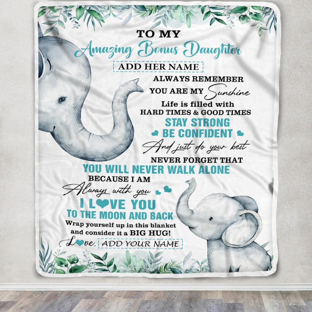 Personalized To My Amazing Bonus Daughter Blanket From Stepmom Stepdad Elephant It A Big Hug Stepdaughter Birthday Gifts Christmas Custom Fleece Blanket | teecentury