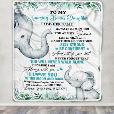 Personalized To My Amazing Bonus Daughter Blanket From Stepmom Stepdad Elephant It A Big Hug Stepdaughter Birthday Gifts Christmas Custom Fleece Blanket | teecentury