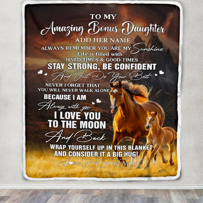 Personalized To My Amazing Bonus Daughter Blanket From Stepmom Stepdad Horse It A Big Hug Stepdaughter Birthday Gifts Christmas Customized Fleece Blanket | teecentury