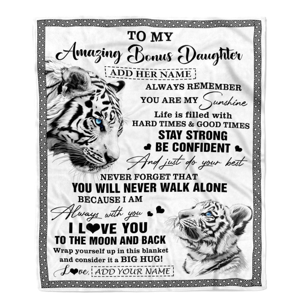 Personalized To My Amazing Bonus Daughter Blanket From Stepmom Stepdad White Tiger It A Big Hug Stepdaughter Birthday Gifts Christmas Custom Fleece Blanket | teecentury