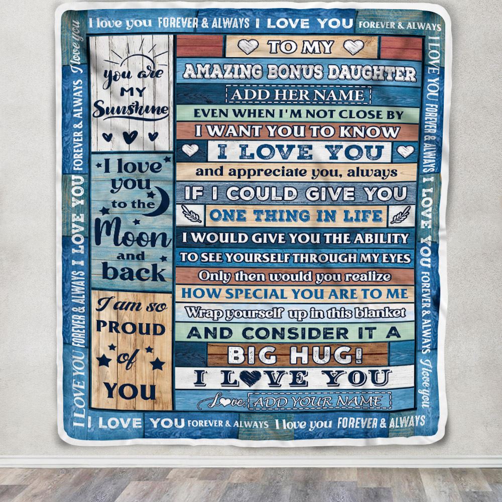 Personalized To My Amazing Bonus Daughter Gifts From Step Mom Dad Blanket Wood Great Words Birthday Gifts For Stepdaughter Christmas Customized Fleece Blanket | teecentury