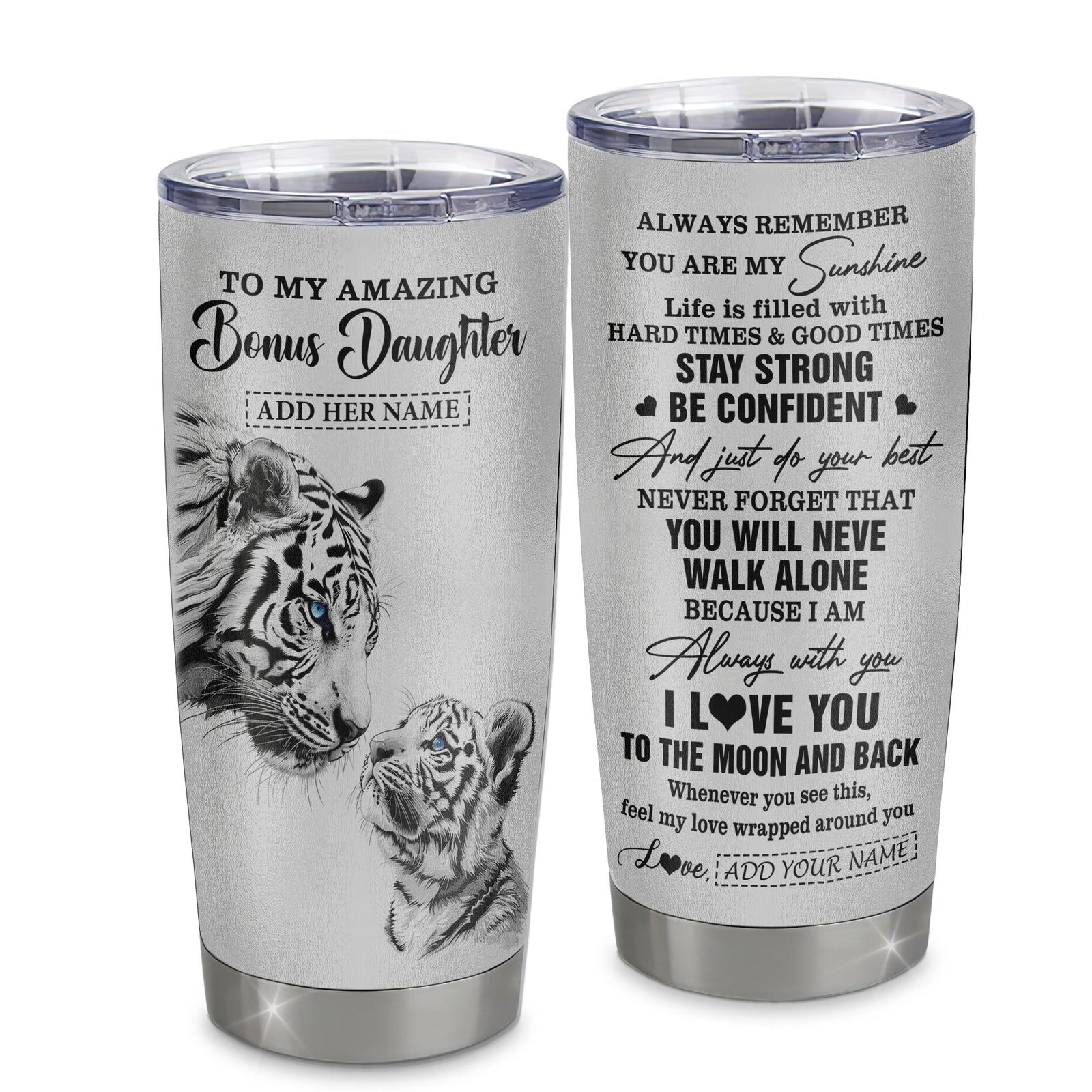 Personalized To My Amazing Bonus Daughter Gifts Tumbler From Stepmom Stepdad White Tiger It A Big Hug Stepdaughter Birthday Gifts Christmas Custom Stainless Steel Mug | teecentury