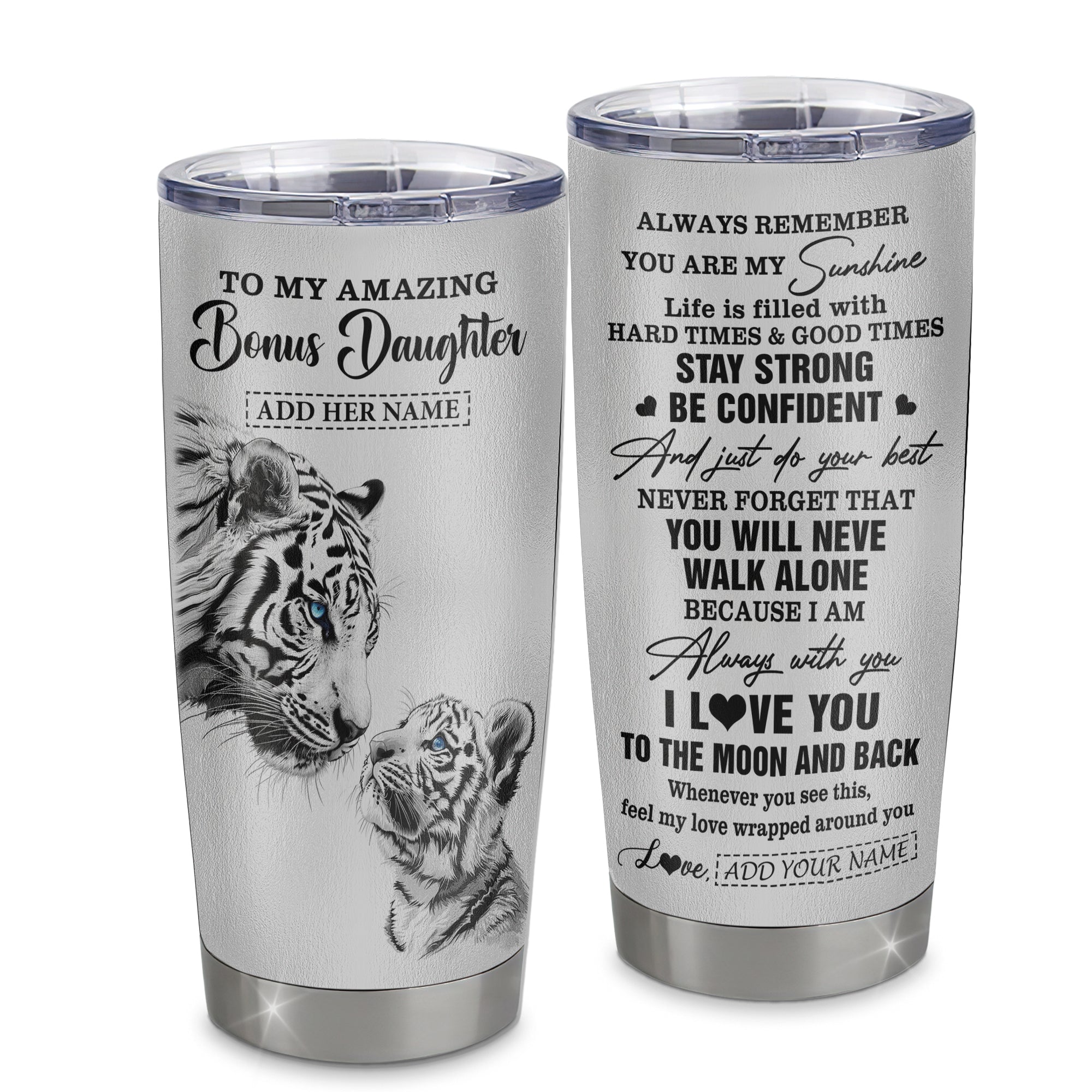 Personalized To My Amazing Bonus Daughter Gifts Tumbler From Stepmom Stepdad White Tiger It A Big Hug Stepdaughter Birthday Gifts Christmas Custom Stainless Steel Mug | teecentury