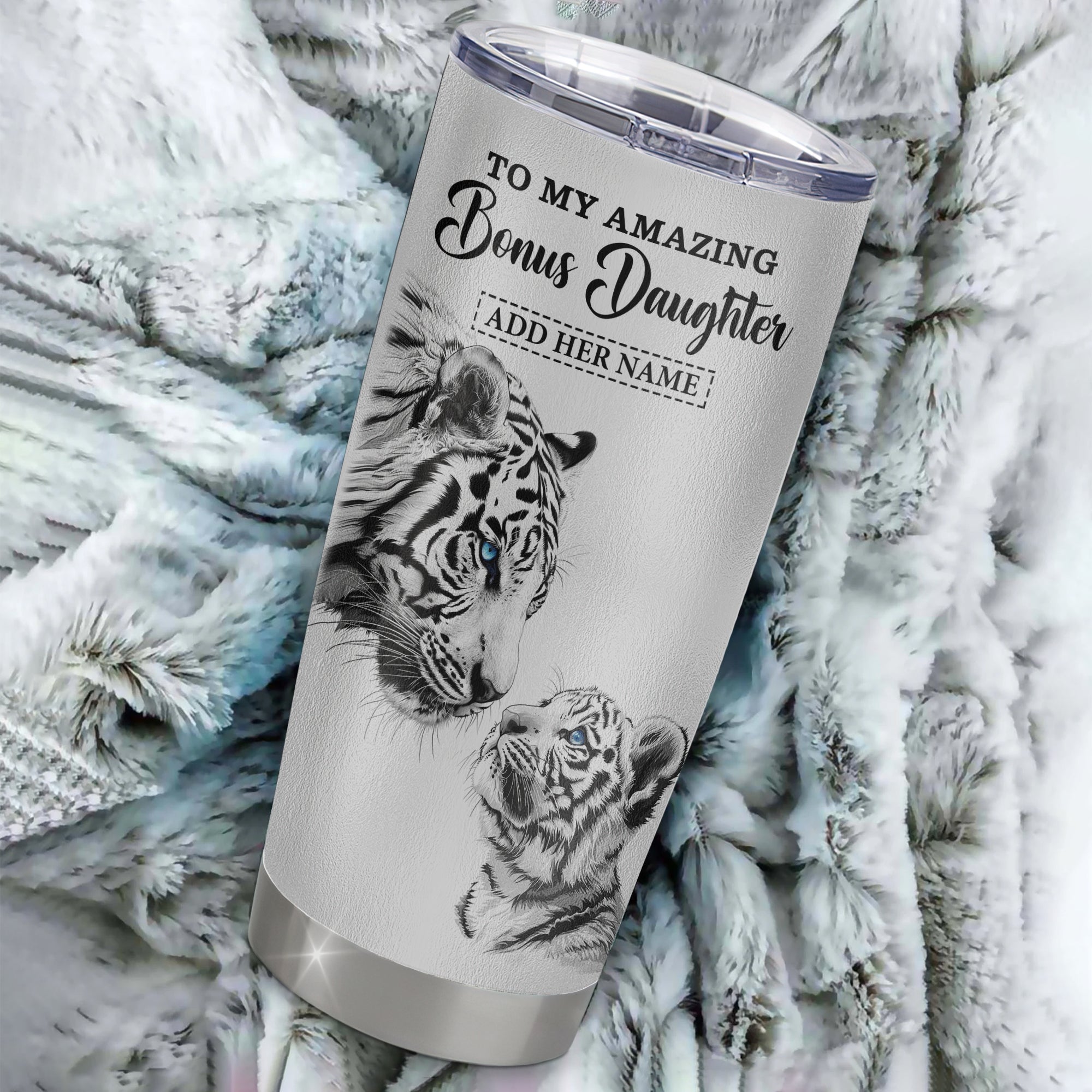 Personalized To My Amazing Bonus Daughter Gifts Tumbler From Stepmom Stepdad White Tiger It A Big Hug Stepdaughter Birthday Gifts Christmas Custom Stainless Steel Mug | teecentury