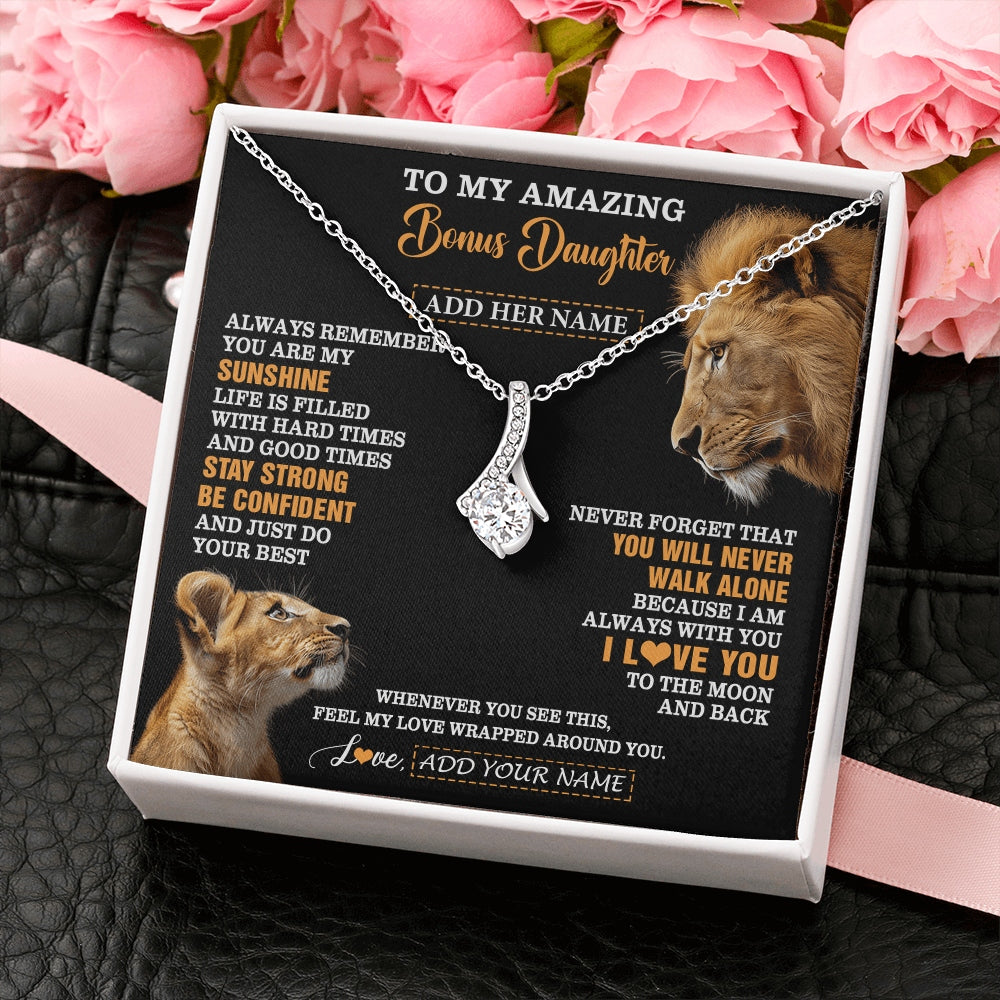 Alluring Beauty Necklace 14K White Gold Finish | 2 | Personalized To My Amazing Bonus Daughter Necklace From Bonus Dad Stepdad Lion It A Big Hug Stepdaughter Birthday Gifts Christmas Custom Gift Box Message Card | https://teecentury.