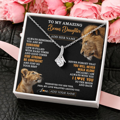 Alluring Beauty Necklace 14K White Gold Finish | 2 | Personalized To My Amazing Bonus Daughter Necklace From Bonus Dad Stepdad Lion It A Big Hug Stepdaughter Birthday Gifts Christmas Custom Gift Box Message Card | https://teecentury.