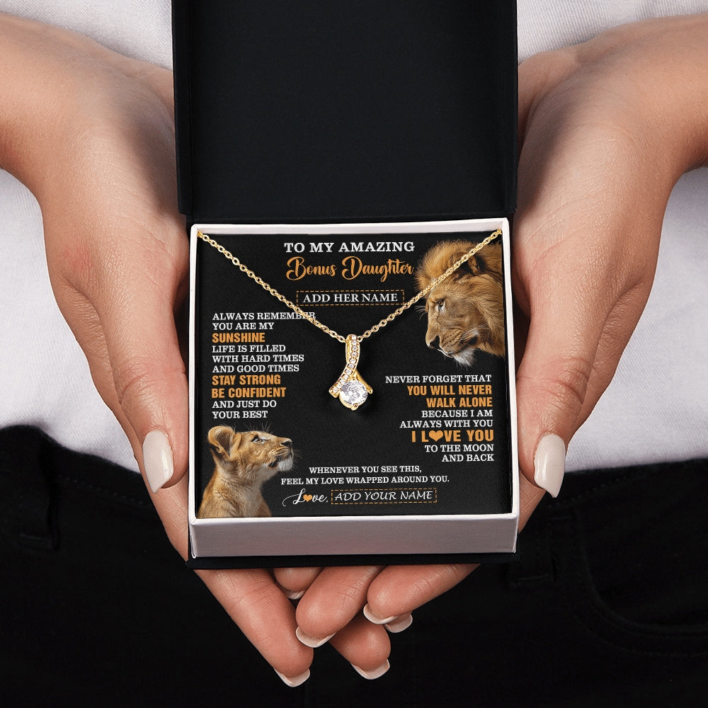 Alluring Beauty Necklace 18K Yellow Gold Finish | 2 | Personalized To My Amazing Bonus Daughter Necklace From Bonus Dad Stepdad Lion It A Big Hug Stepdaughter Birthday Gifts Christmas Custom Gift Box Message Card | https://teecentury.