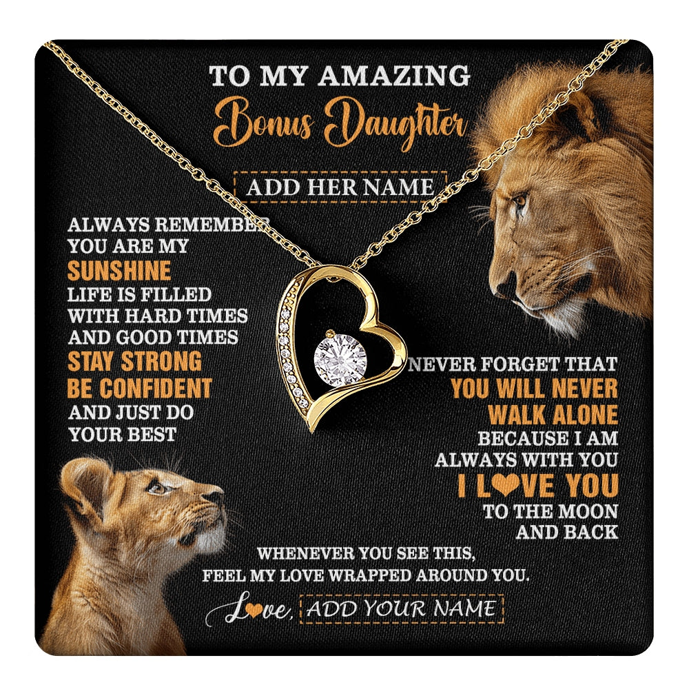 Forever Love Necklace 18K Yellow Gold Finish | 1 | Personalized To My Amazing Bonus Daughter Necklace From Bonus Dad Stepdad Lion It A Big Hug Stepdaughter Birthday Gifts Christmas Custom Gift Box Message Card | https://teecentury.