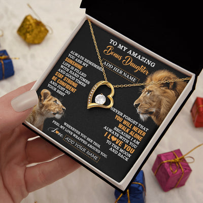 Forever Love Necklace 18K Yellow Gold Finish | 2 | Personalized To My Amazing Bonus Daughter Necklace From Bonus Dad Stepdad Lion It A Big Hug Stepdaughter Birthday Gifts Christmas Custom Gift Box Message Card | https://teecentury.