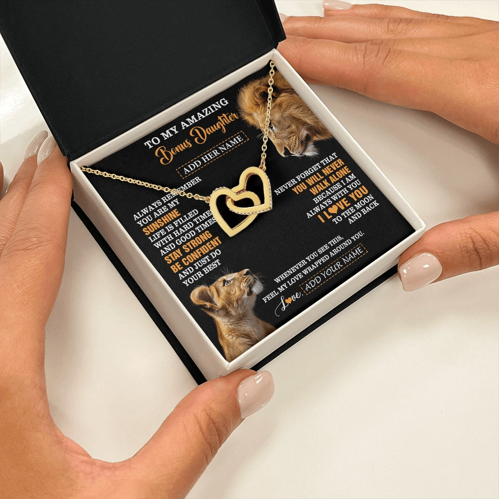 Interlocking Hearts Necklace 18K Yellow Gold Finish | 2 | Personalized To My Amazing Bonus Daughter Necklace From Bonus Dad Stepdad Lion It A Big Hug Stepdaughter Birthday Gifts Christmas Custom Gift Box Message Card | https://teecentury.