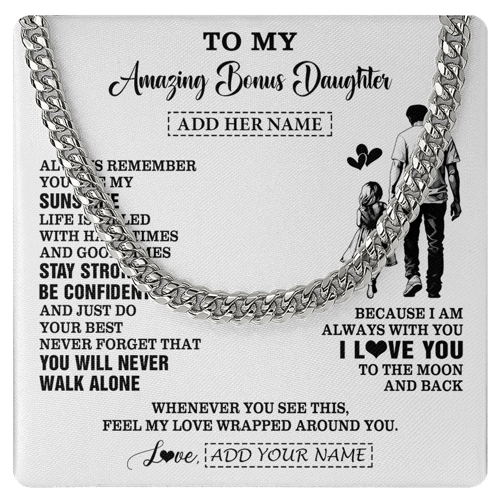 Cuban Link Chain Necklace Stainless Steel | 1 | Personalized To My Amazing Bonus Daughter Necklace From Bonus Dad Stepdad Man It A Big Hug Stepdaughter Birthday Gifts Christmas Custom Gift Box Message Card | https://teecentury.