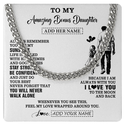 Cuban Link Chain Necklace Stainless Steel | 1 | Personalized To My Amazing Bonus Daughter Necklace From Bonus Dad Stepdad Man It A Big Hug Stepdaughter Birthday Gifts Christmas Custom Gift Box Message Card | https://teecentury.