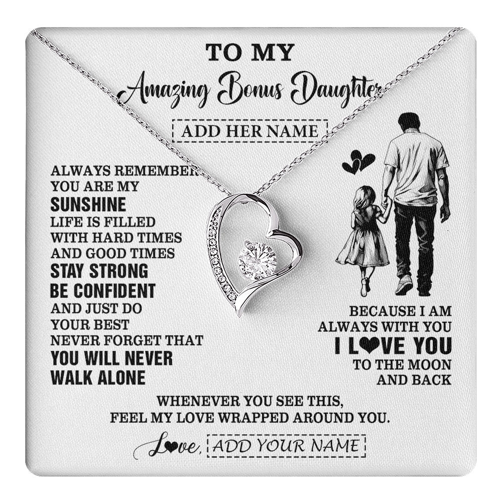 Forever Love Necklace 14K White Gold Finish | 1 | Personalized To My Amazing Bonus Daughter Necklace From Bonus Dad Stepdad Man It A Big Hug Stepdaughter Birthday Gifts Christmas Custom Gift Box Message Card | https://teecentury.