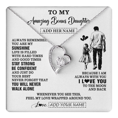 Forever Love Necklace 14K White Gold Finish | 1 | Personalized To My Amazing Bonus Daughter Necklace From Bonus Dad Stepdad Man It A Big Hug Stepdaughter Birthday Gifts Christmas Custom Gift Box Message Card | https://teecentury.