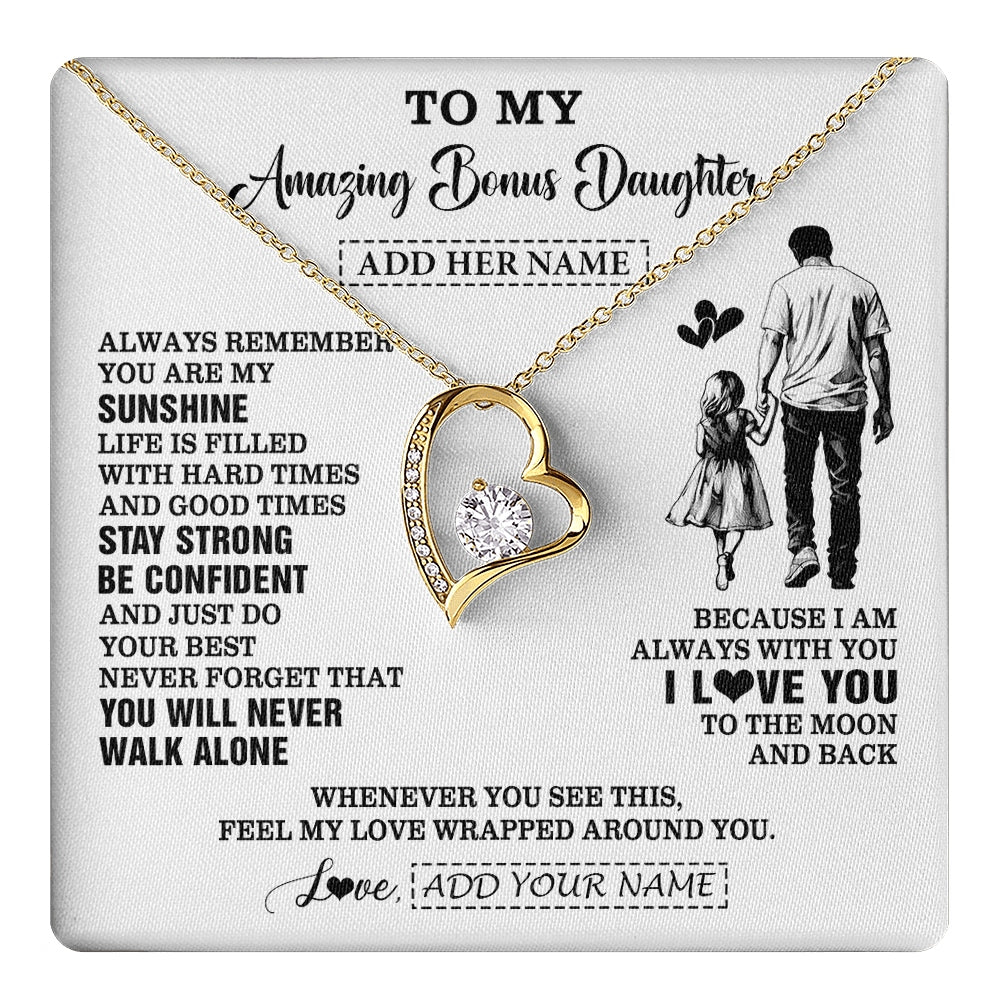 Forever Love Necklace 18K Yellow Gold Finish | 1 | Personalized To My Amazing Bonus Daughter Necklace From Bonus Dad Stepdad Man It A Big Hug Stepdaughter Birthday Gifts Christmas Custom Gift Box Message Card | https://teecentury.