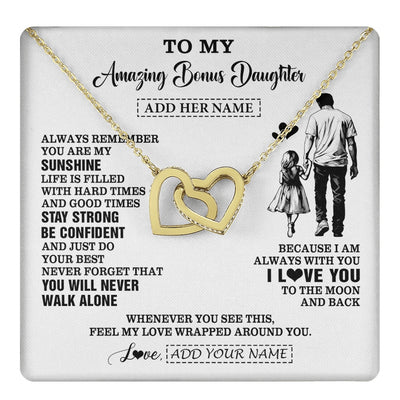 Interlocking Hearts Necklace 18K Yellow Gold Finish | 1 | Personalized To My Amazing Bonus Daughter Necklace From Bonus Dad Stepdad Man It A Big Hug Stepdaughter Birthday Gifts Christmas Custom Gift Box Message Card | https://teecentury.