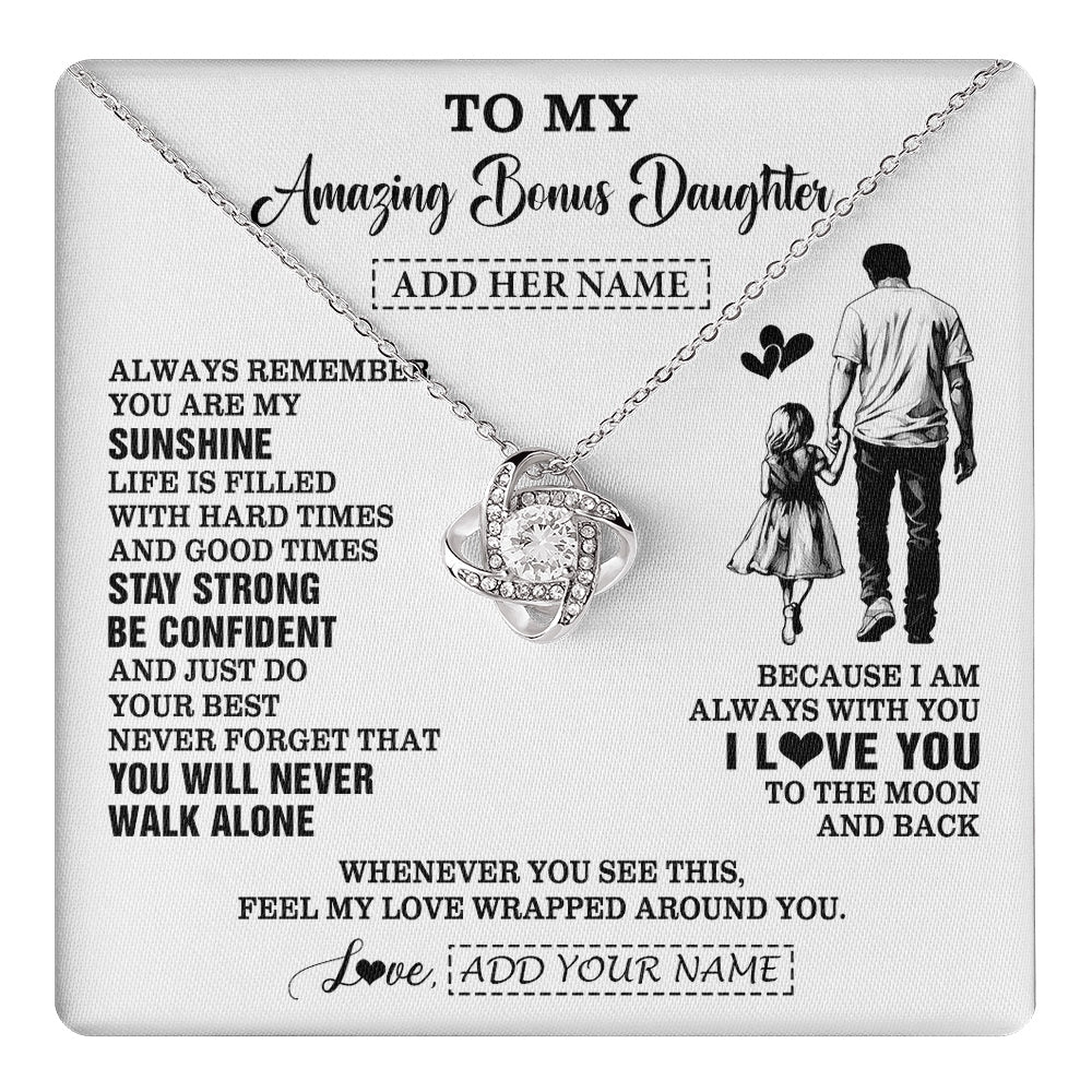 Love Knot Necklace 14K White Gold Finish | 1 | Personalized To My Amazing Bonus Daughter Necklace From Bonus Dad Stepdad Man It A Big Hug Stepdaughter Birthday Gifts Christmas Custom Gift Box Message Card | https://teecentury.