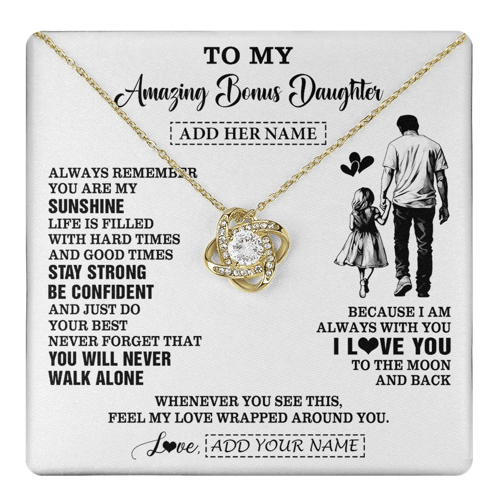 Love Knot Necklace 18K Yellow Gold Finish | 1 | Personalized To My Amazing Bonus Daughter Necklace From Bonus Dad Stepdad Man It A Big Hug Stepdaughter Birthday Gifts Christmas Custom Gift Box Message Card | https://teecentury.