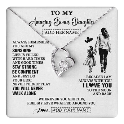 Forever Love Necklace 14K White Gold Finish | 1 | Personalized To My Amazing Bonus Daughter Necklace From Bonus Mom Stepmom Woman It A Big Hug Stepdaughter Birthday Gifts Christmas Custom Gift Box Message Card | https://teecentury.