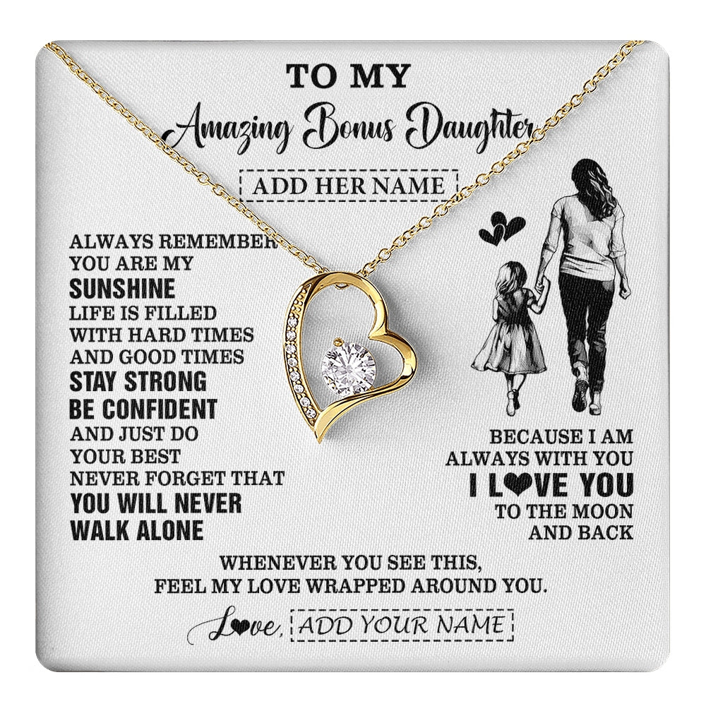 Forever Love Necklace 18K Yellow Gold Finish | 1 | Personalized To My Amazing Bonus Daughter Necklace From Bonus Mom Stepmom Woman It A Big Hug Stepdaughter Birthday Gifts Christmas Custom Gift Box Message Card | https://teecentury.