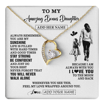 Forever Love Necklace 18K Yellow Gold Finish | 1 | Personalized To My Amazing Bonus Daughter Necklace From Bonus Mom Stepmom Woman It A Big Hug Stepdaughter Birthday Gifts Christmas Custom Gift Box Message Card | https://teecentury.