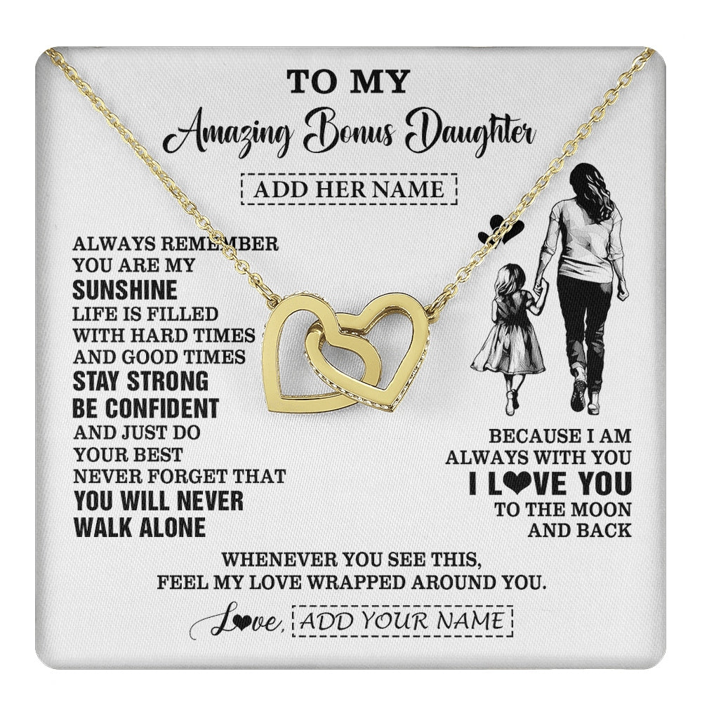 Interlocking Hearts Necklace 18K Yellow Gold Finish | 1 | Personalized To My Amazing Bonus Daughter Necklace From Bonus Mom Stepmom Woman It A Big Hug Stepdaughter Birthday Gifts Christmas Custom Gift Box Message Card | https://teecentury.