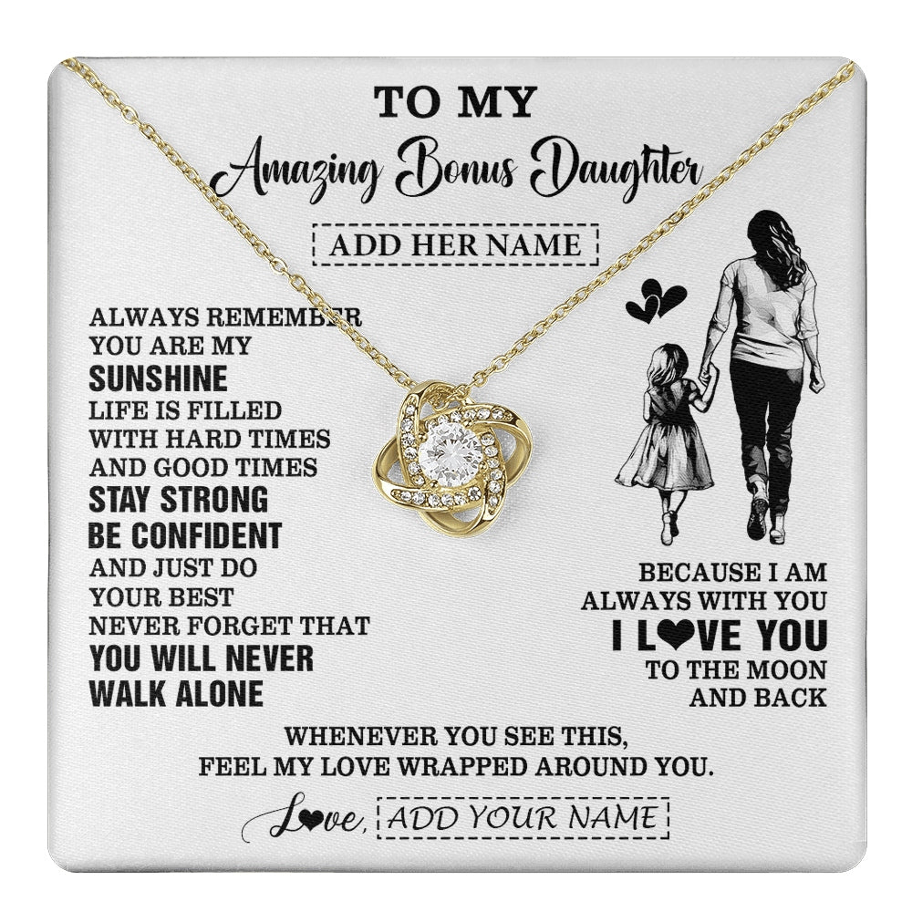 Love Knot Necklace 18K Yellow Gold Finish | 1 | Personalized To My Amazing Bonus Daughter Necklace From Bonus Mom Stepmom Woman It A Big Hug Stepdaughter Birthday Gifts Christmas Custom Gift Box Message Card | https://teecentury.