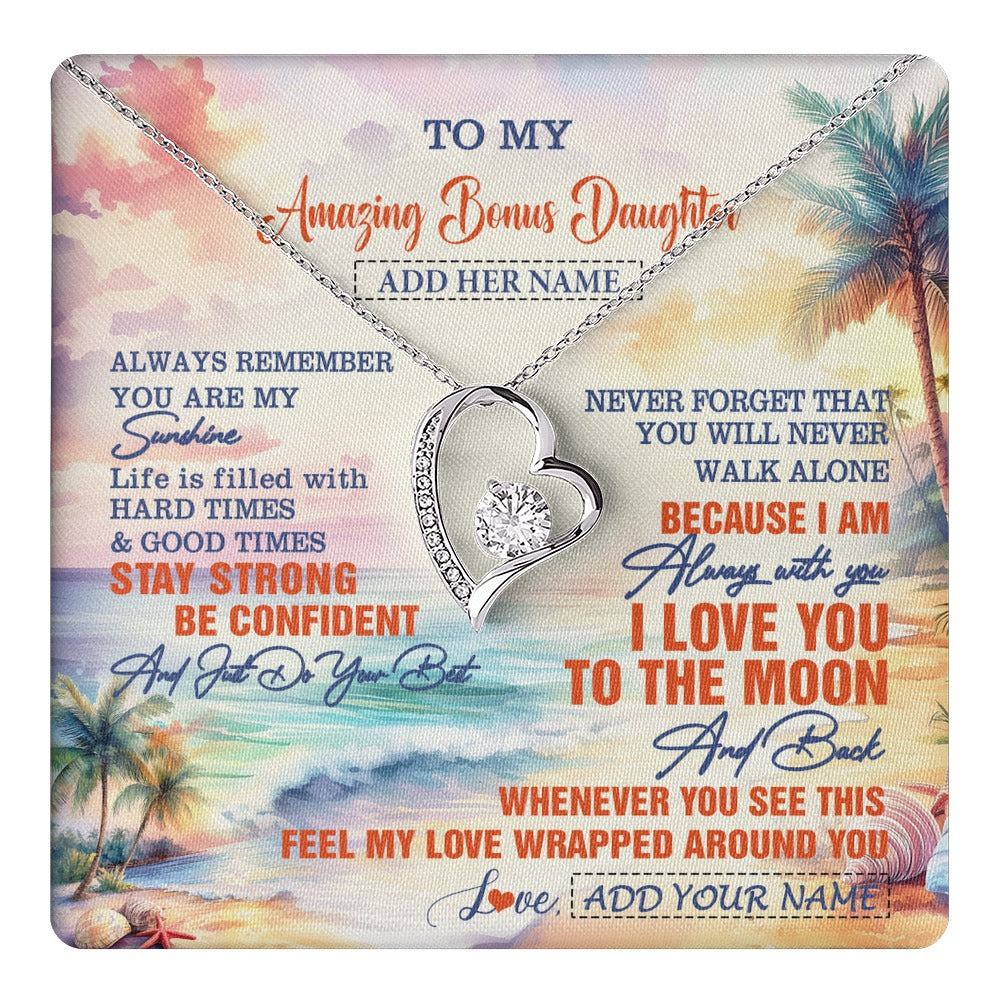 Forever Love Necklace 14K White Gold Finish | 1 | Personalized To My Amazing Bonus Daughter Necklace From Stepmom Stepdad Beach It A Big Hug Stepdaughter Birthday Gifts Christmas Custom Gift Box Message Card Shirt & Hoodie | https://teecentury.