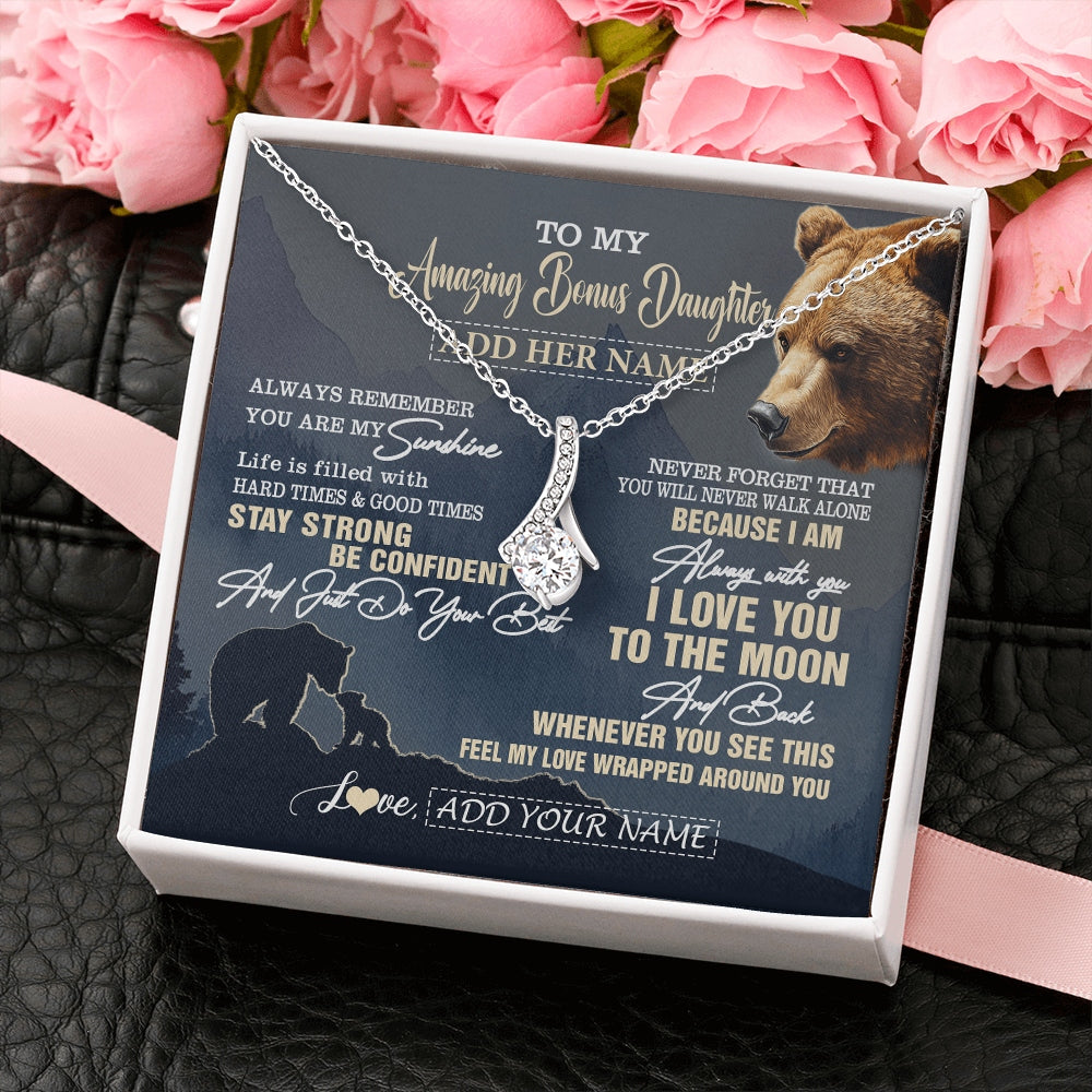 Alluring Beauty Necklace 14K White Gold Finish | 2 | Personalized To My Amazing Bonus Daughter Necklace From Stepmom Stepdad Bear It A Big Hug Stepdaughter Birthday Gifts Christmas Custom Gift Box Message Card | https://teecentury.