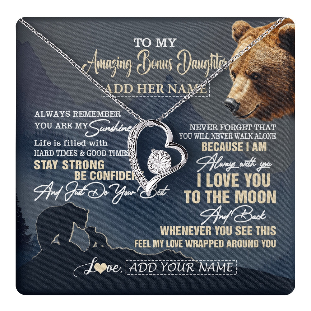 Forever Love Necklace 14K White Gold Finish | 1 | Personalized To My Amazing Bonus Daughter Necklace From Stepmom Stepdad Bear It A Big Hug Stepdaughter Birthday Gifts Christmas Custom Gift Box Message Card | https://teecentury.